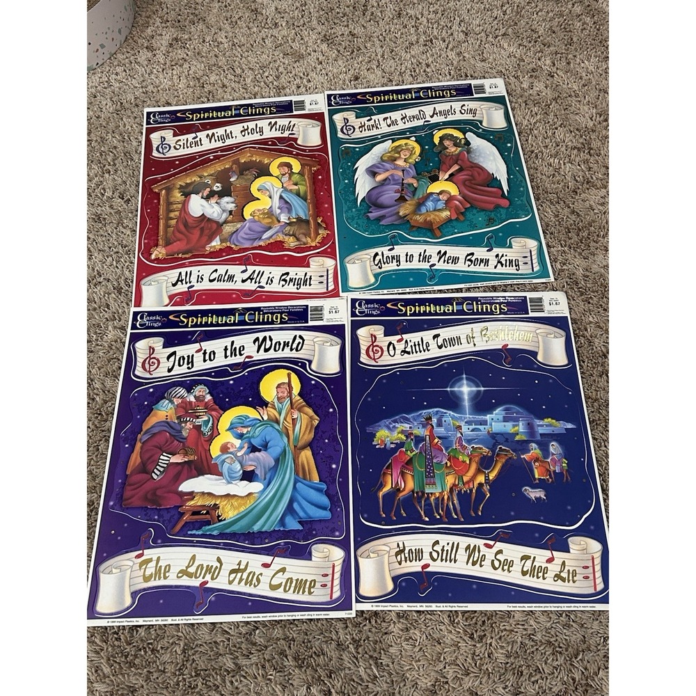 Vtg Lot Of 4 Window Decor - Silent Night - A Child is Born - Spiritual Clings
